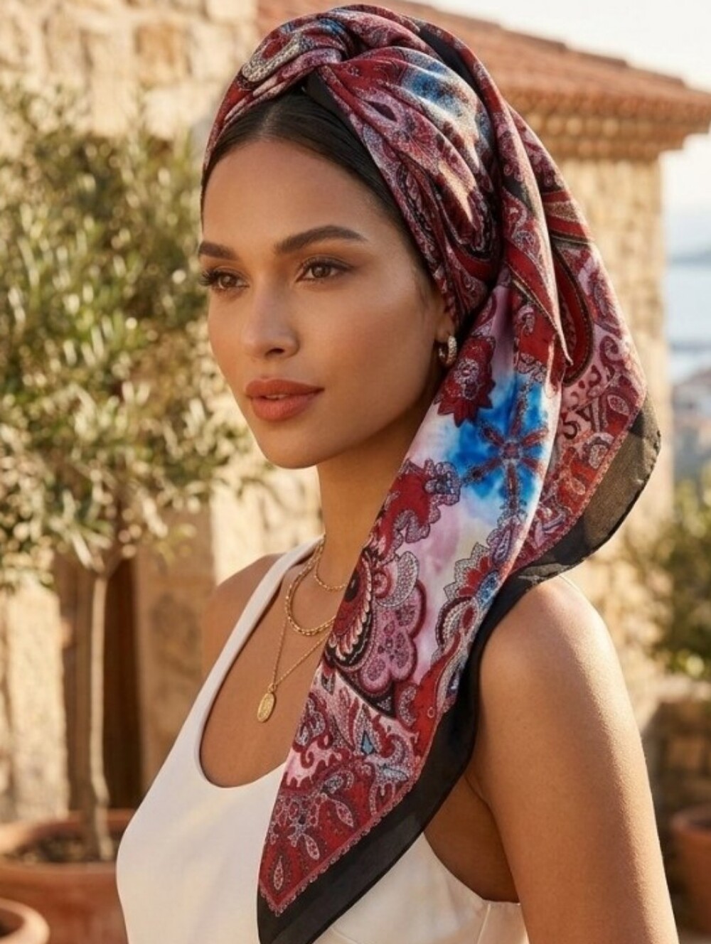 Ann Taylor Red Paisley Silk Square Scarf with Blue Accents